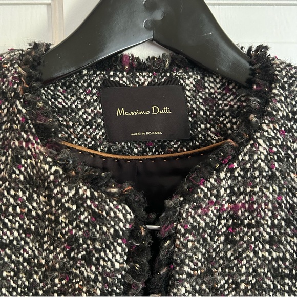Massimo Dutti Cropped Boucle Tweed Blazer Black White Purple Size 2 - Picture 2 of 15